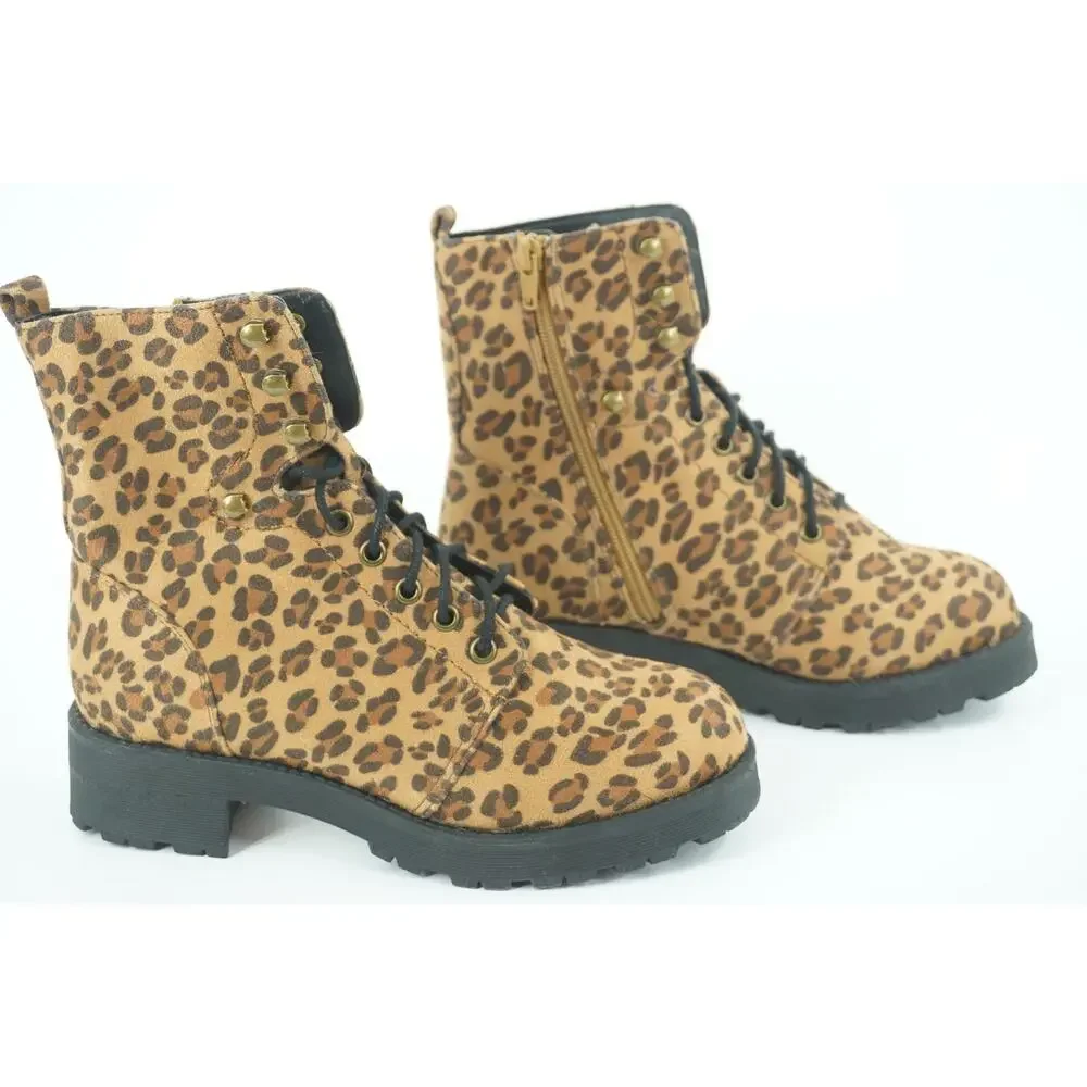 Mia Miki Combat Leopard Print Lug Ankle Boots Size 6.5 Zip Lace Up Brown